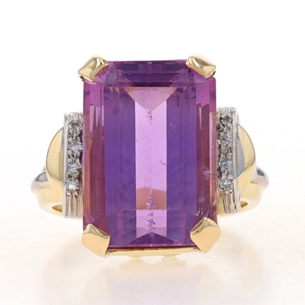 Yellow Gold Amethyst & Diamond Retro Ring - 14k Emerald Cut 14.33ctw Milgrain